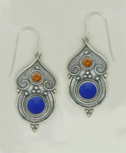 Sterling Silver Gothic Inspired Drop Dangle Earrings With Blue Onyx And Amber